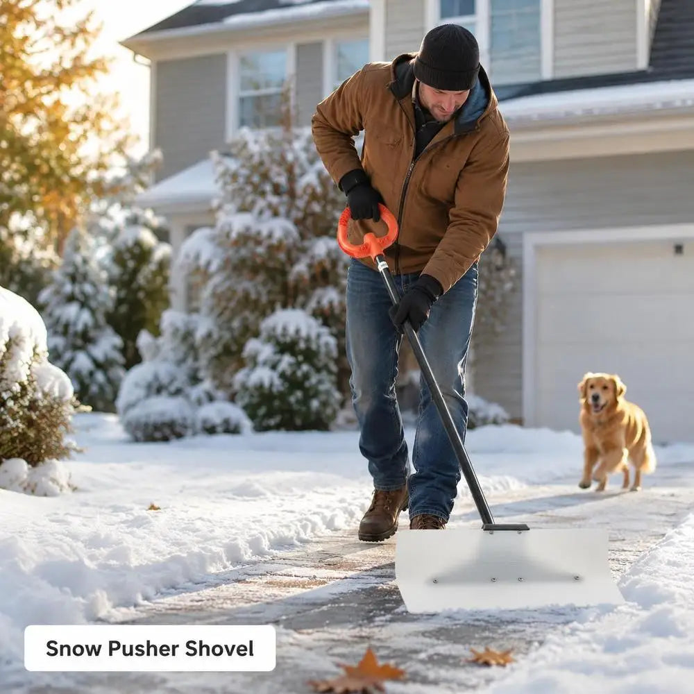 24 inch wide snow pusher shovel with durable HDPE blade in outdoor setting