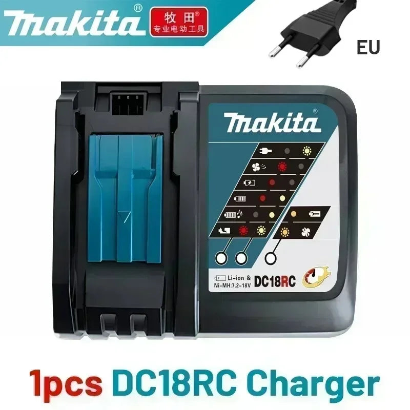 Makita DC18RC charger black dual battery slots, front view with LED indicators