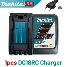 Makita DC18RC charger black dual battery slots, front view with LED indicators