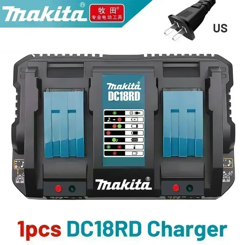 Makita DC18RD charger black dual slots, front view with LCD display