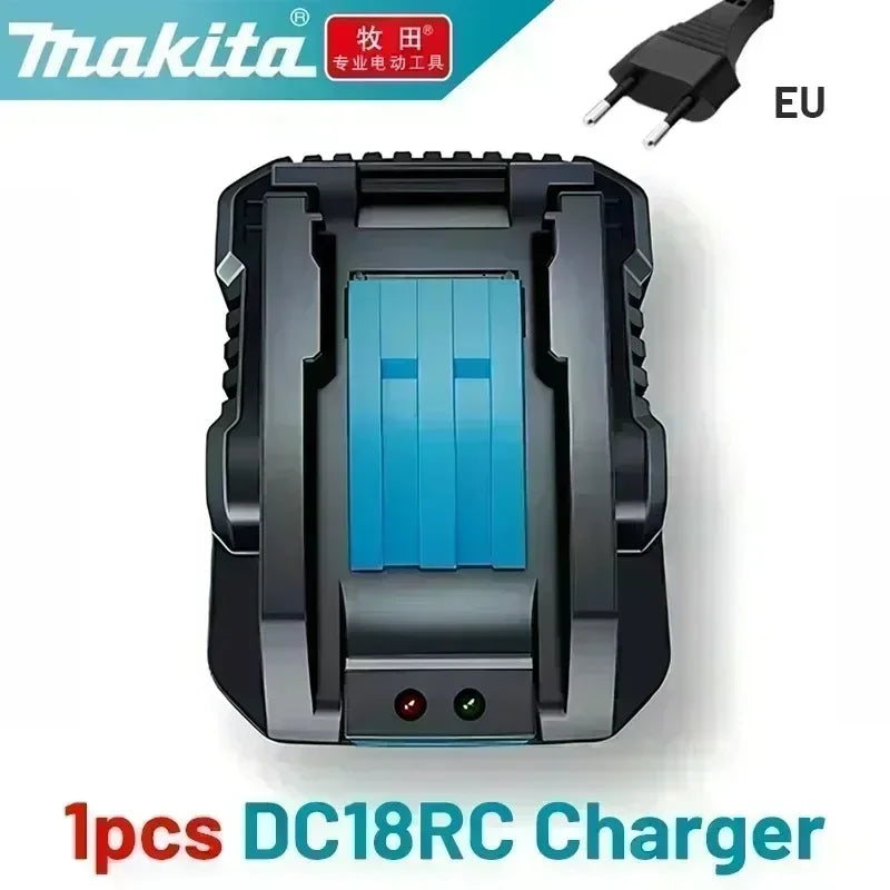 Makita DC18RC charger black compact design, front view with charging indicator