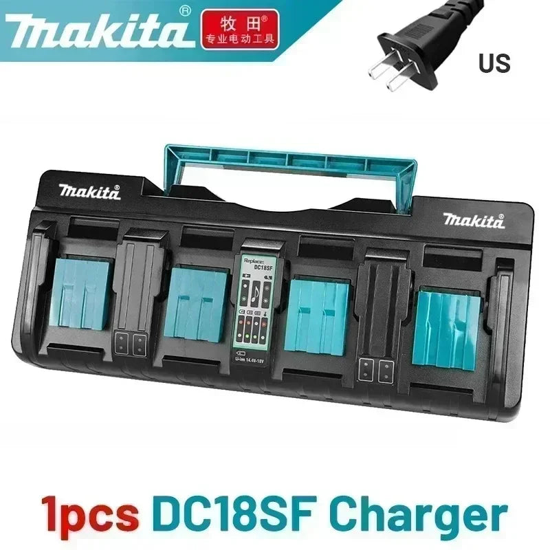 Makita DC18RC charger black front view with multiple slots and digital display