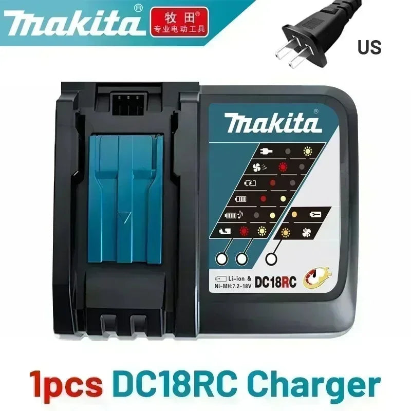Makita DC18RC blue and black charger detail with LED indicators