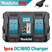 Makita DC18RC charger and battery, black and red, front view with large capacity