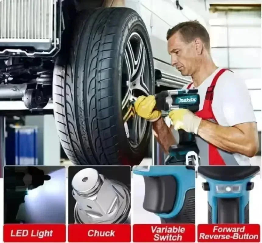 Mechanic using Makita cordless impact wrench with LED light