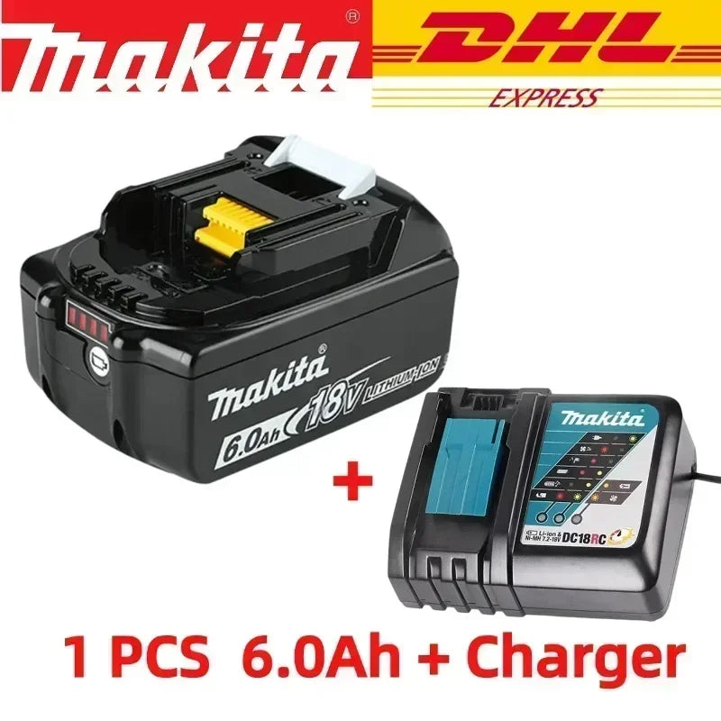 Makita battery and charger front view in black and blue