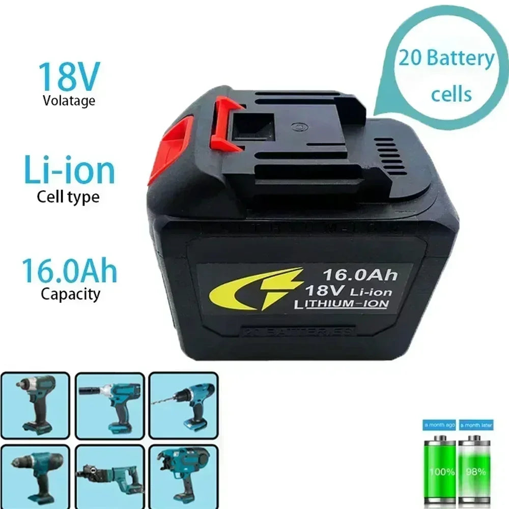 Makita 18V 16.0Ah black battery pack, front view with red and blue accents