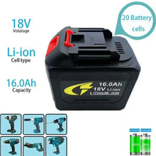 Makita 18V 16.0Ah black battery pack, front view with red and blue accents