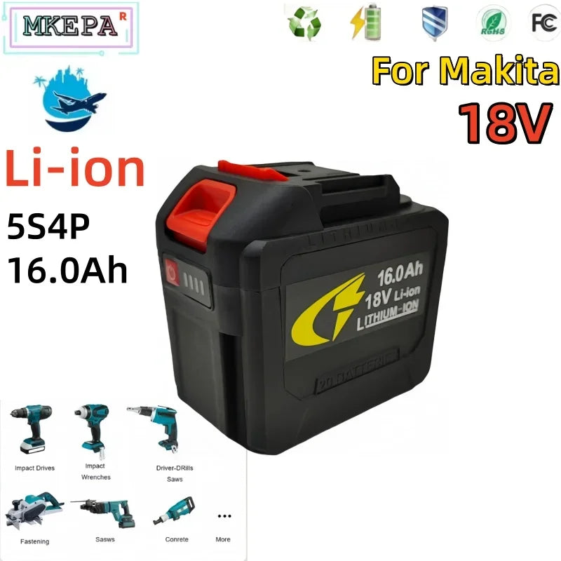 Makita 18V 16.0Ah black battery pack, front view with red and yellow accents
