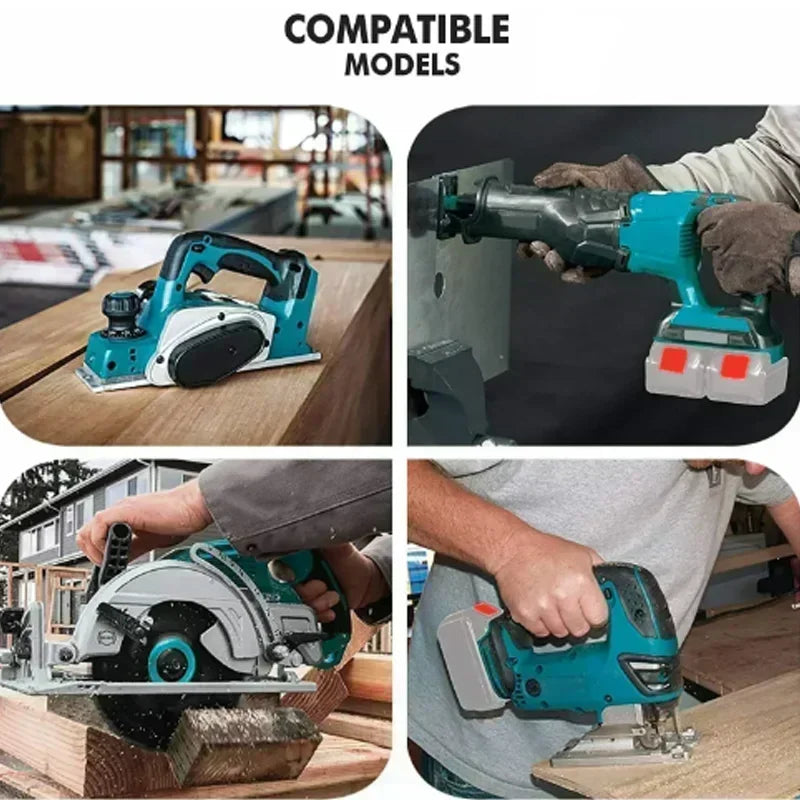 Makita power tools lifestyle with blue and black battery, high current use