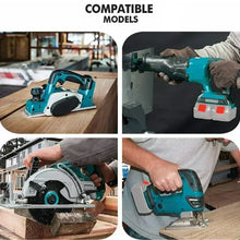 Makita power tools lifestyle with blue and black battery, high current use
