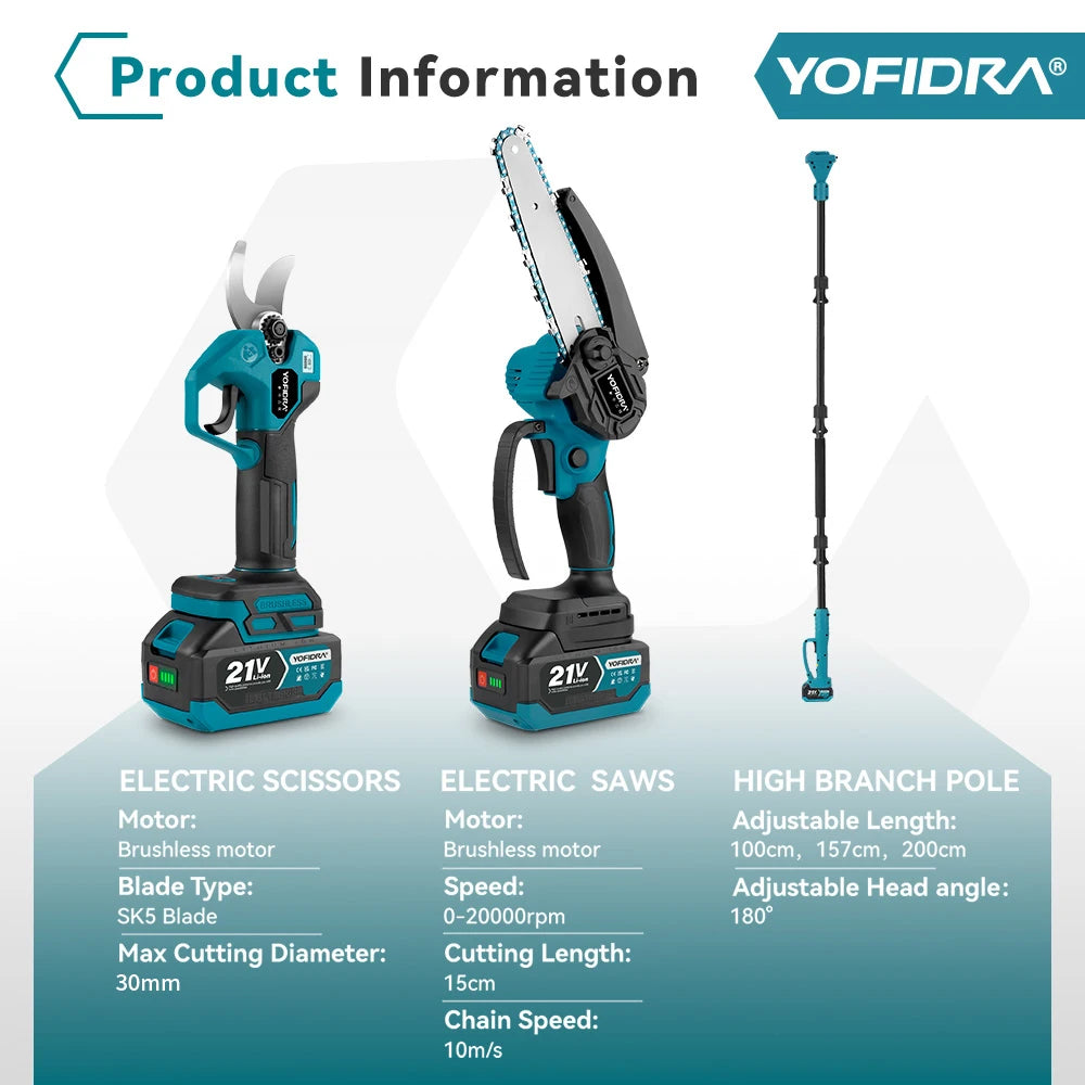 YOFIDRA 3-in-1 electric pruner kit packaging view, chainsaw and pole on white