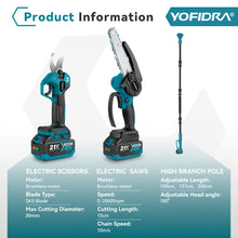 YOFIDRA 3-in-1 electric pruner kit packaging view, chainsaw and pole on white