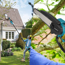 YOFIDRA user using telescoping pole chainsaw in outdoor setting, blue-black-green
