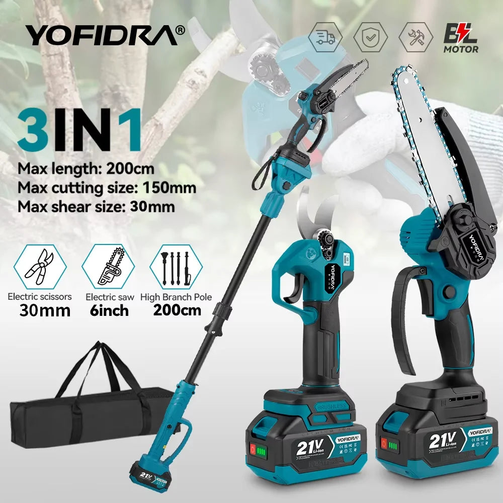 YOFIDRA 3-in-1 electric pruner tool lifestyle shot, blue-black-white telescoping pole