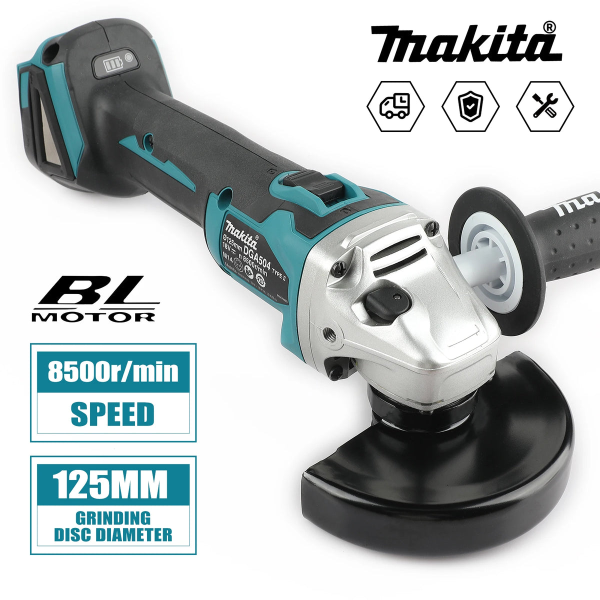 Makita DGA504 front view in black and blue, brushless angle grinder