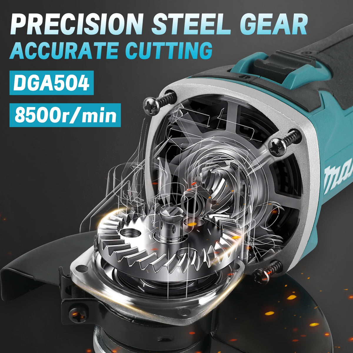 Makita DGA504 front view with diamond blade, black and blue angle grinder