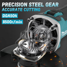Makita DGA504 front view with diamond blade, black and blue angle grinder