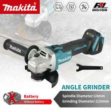 Makita DGA504 front view with ergonomic handle, black and blue grinder