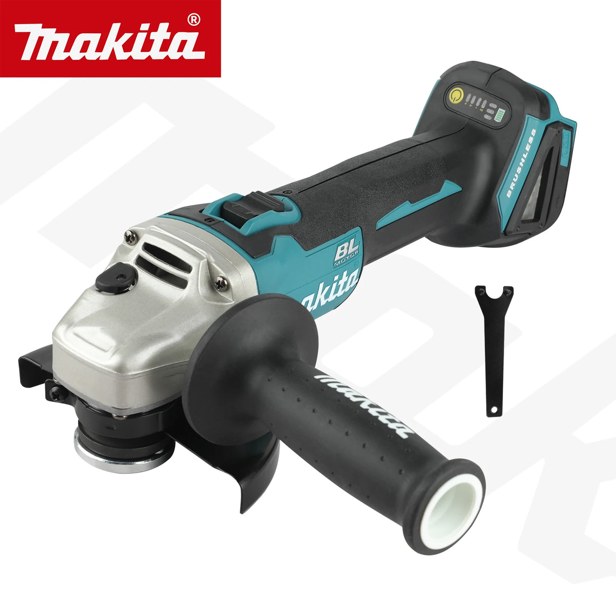 Makita DGA504 detail with included wrench, black and blue grinder