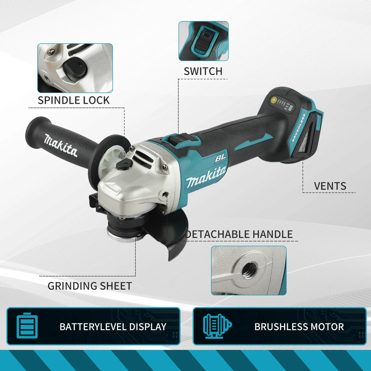 Makita DGA504 detail of safety switch, black and blue brushless grinder