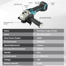 Makita DGA504 specifications detail shot, black and blue angle grinder