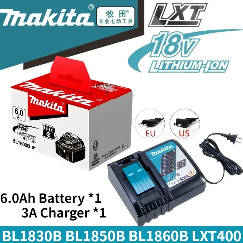 Makita 18V battery charger set packaging, red and black front view