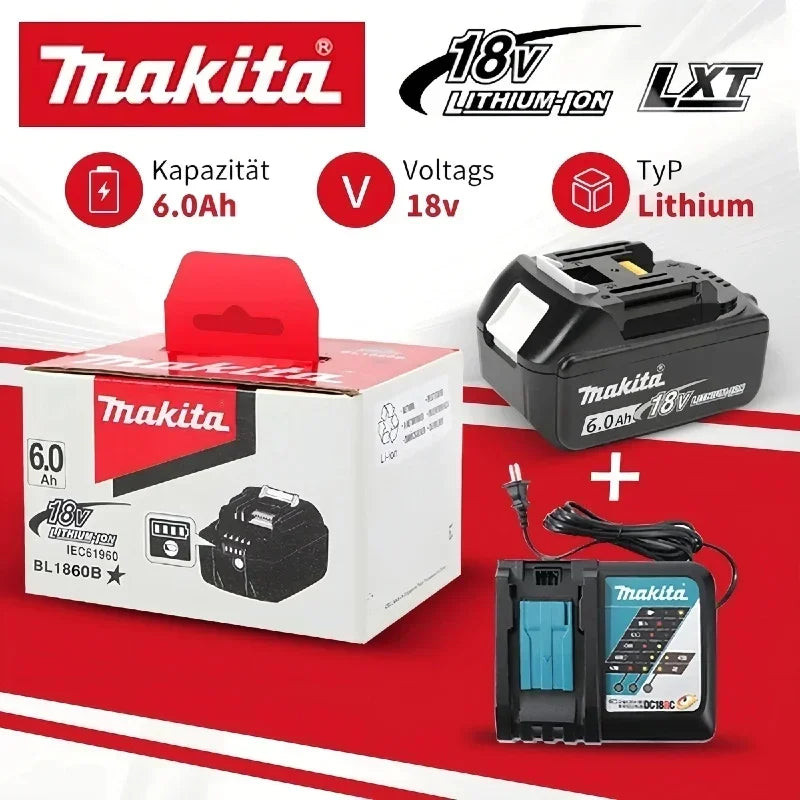Makita 18V 6.0Ah battery set packaging, capacity detail in red and black