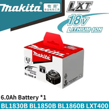 Makita 18V 6.0Ah battery packaging, red black branding front view