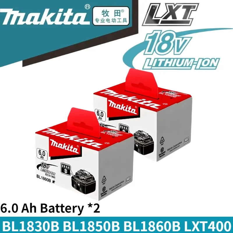 Makita 18V batteries packaging, 6.0Ah x2 in red and black front view