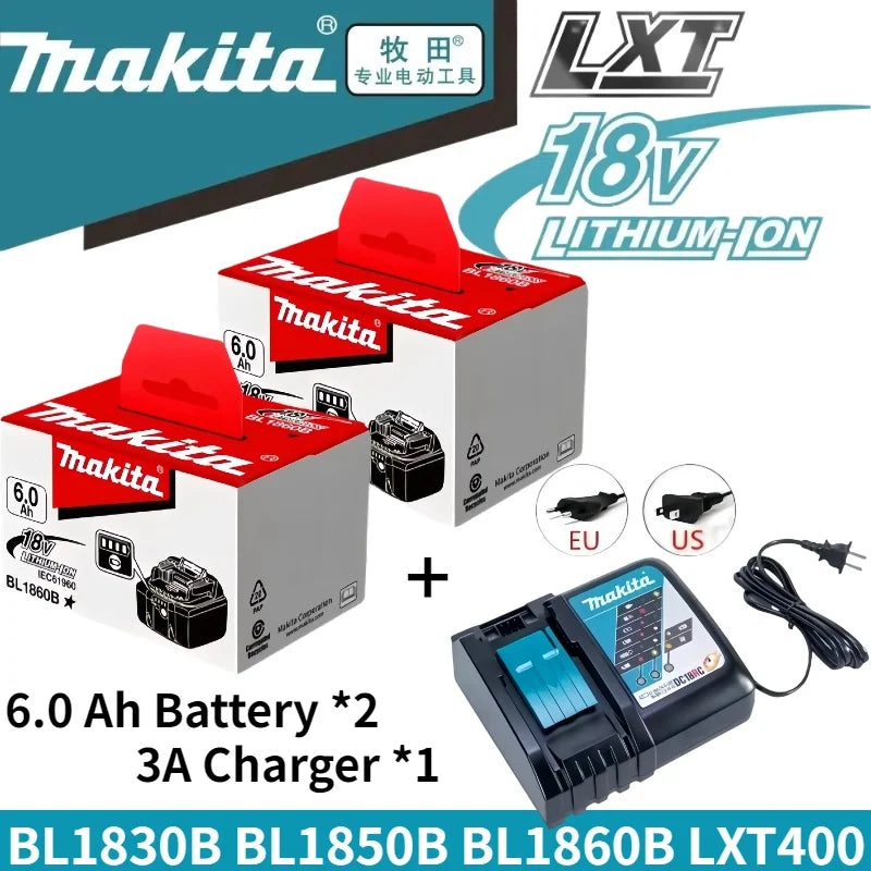 Makita 18V battery and charger set packaging, 6.0Ah x2 and 3A charger front view
