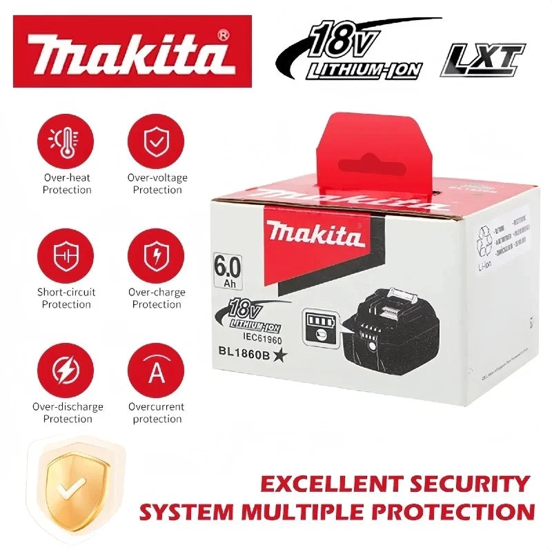 Makita 18V battery charger set packaging, security features panel in red and white