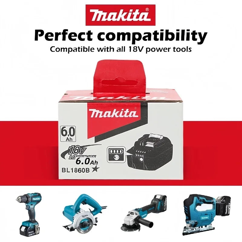Makita 18V battery compatibility packaging, red black branding front view