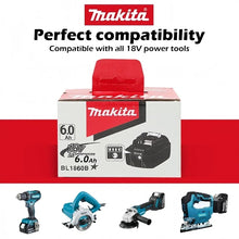 Makita 18V battery compatibility packaging, red black branding front view