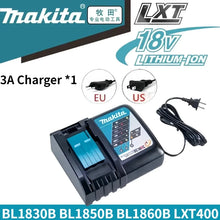 Makita dual charger set packaging, red black blue branding front view