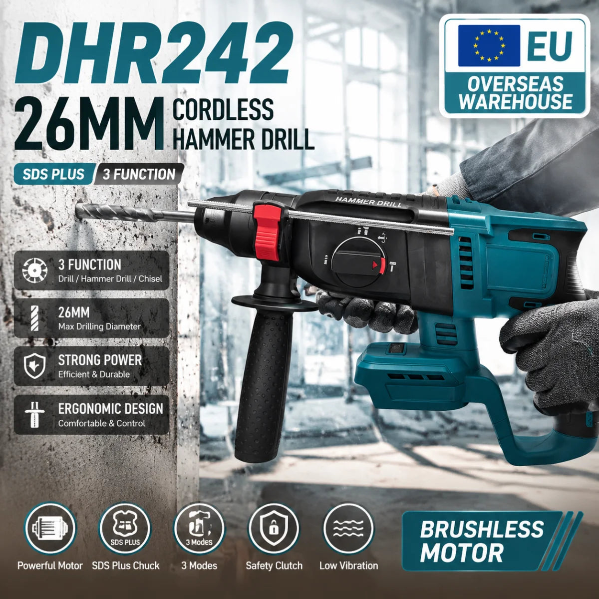 Makita 18V rotary hammer packaging, black and blue front view