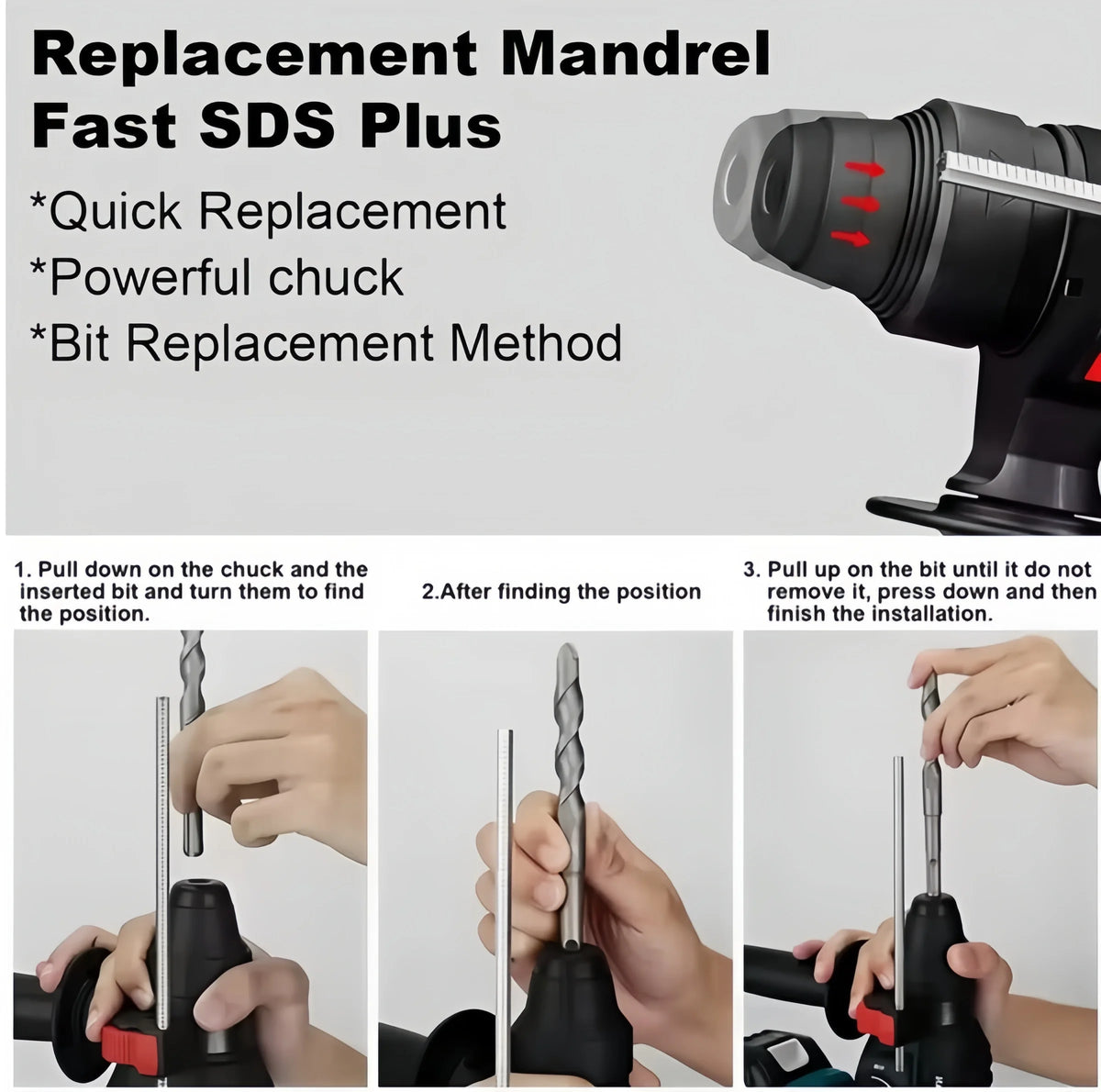 Makita 18V rotary hammer replacement mandrel detail, quick chuck close-up