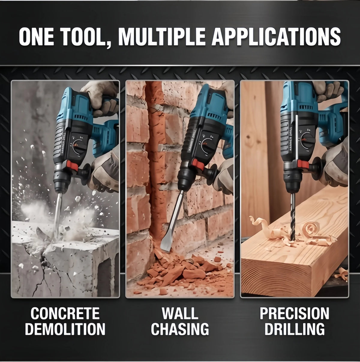 Makita 18V cordless rotary hammer lifestyle shot, blue and black tool