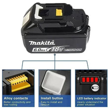 Makita 18V battery detail close-up with power indicator in black and yellow