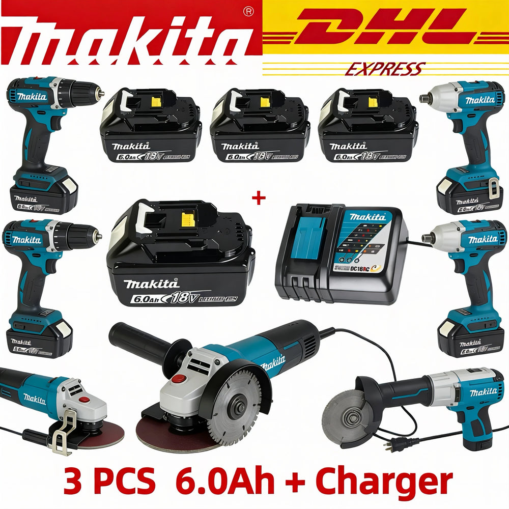 Makita 18V battery kit lifestyle shot with three batteries in black and blue