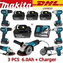 Makita 18V battery kit lifestyle shot with three batteries in black and blue