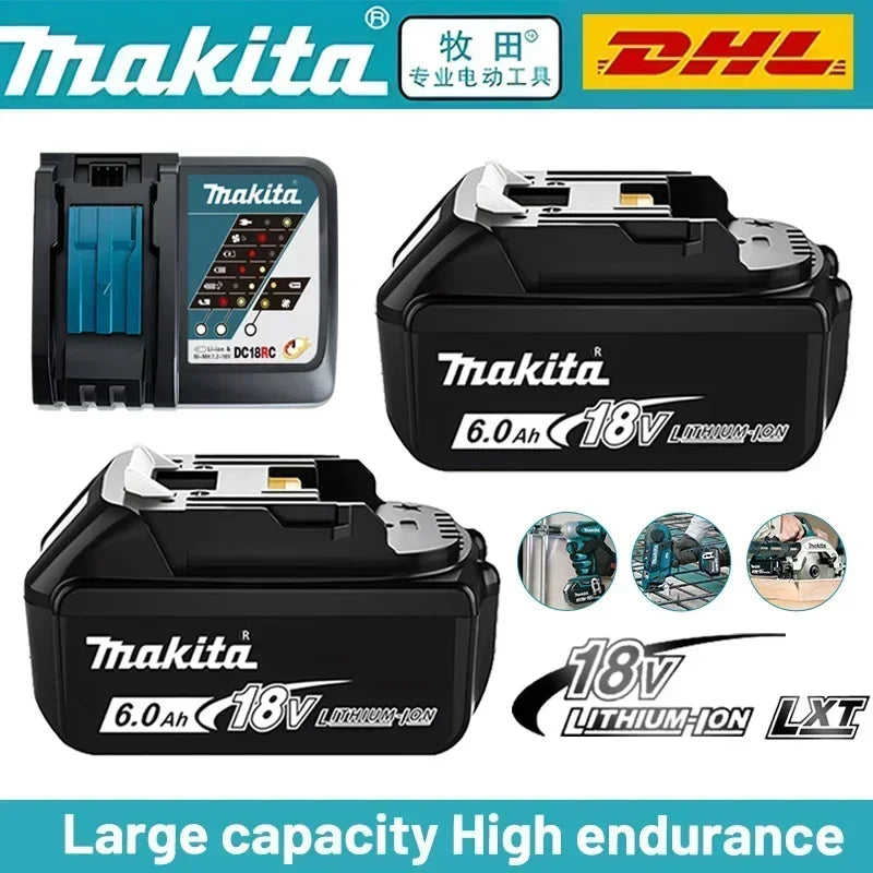 Makita 18V battery pack packaging shot with large-capacity black and blue battery