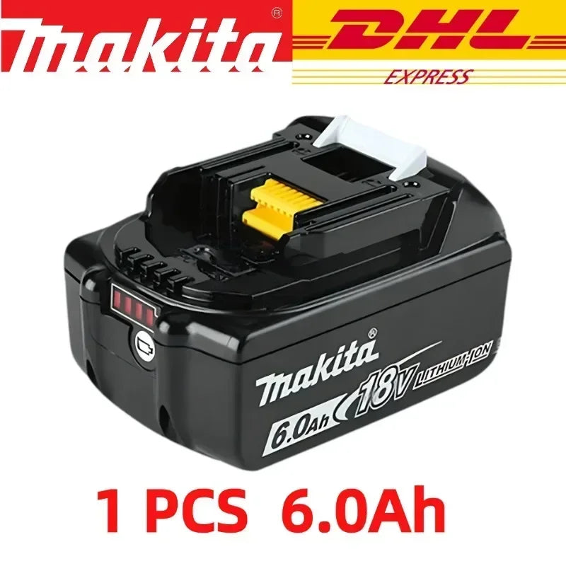 Makita 18V 6.0Ah battery front view, black and yellow
