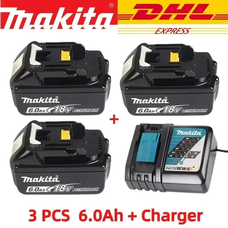 Makita 18V 6.0Ah battery pack set packaging, black and yellow, 3 pcs