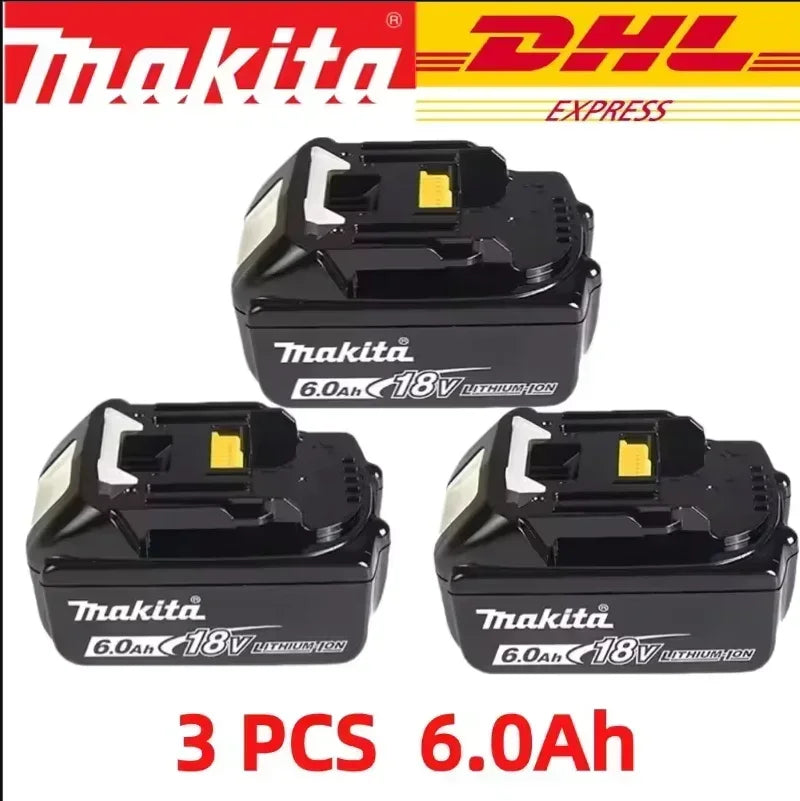 Makita 18V 6.0Ah battery pack packaging, black and yellow, 3 pcs