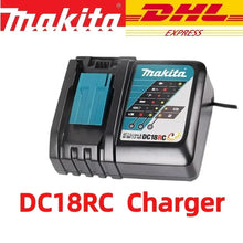Makita DC18RC charger packaging, black blue white with LED indicator