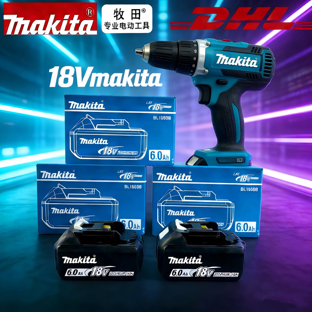 Makita 18V battery lifestyle shot with blue/black cordless drill and two packs