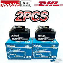 Makita battery packaging shot with two blue and black battery packs