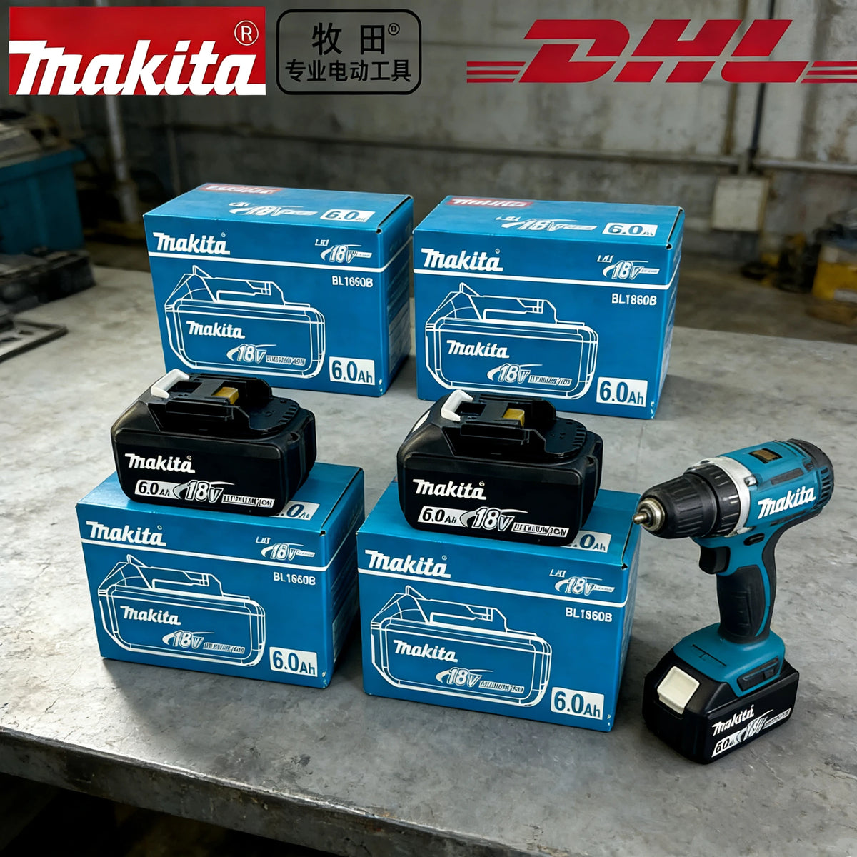 Makita 18V battery lifestyle shot with blue/black drill and three battery packs