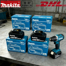 Makita 18V battery lifestyle shot with blue/black drill and three battery packs